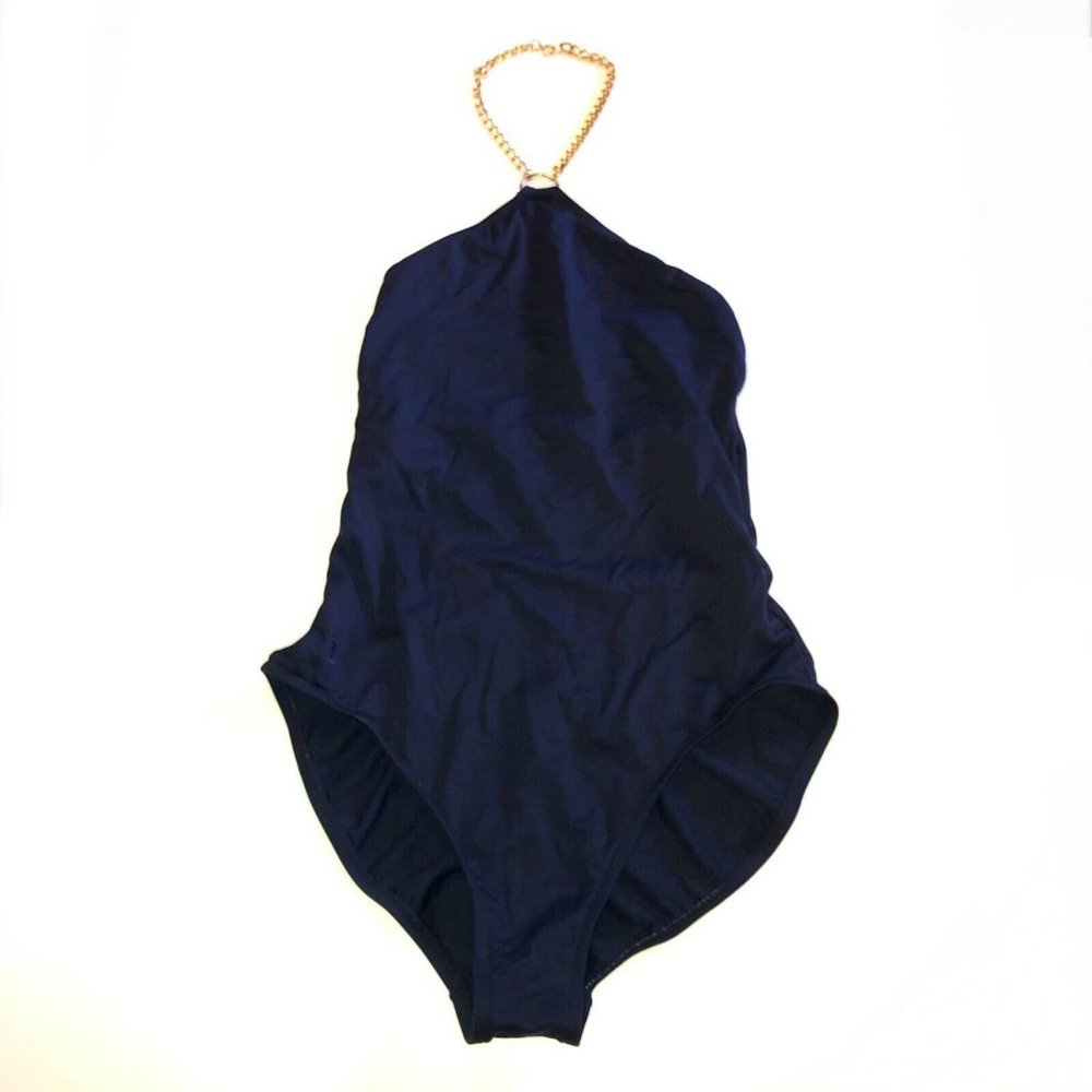 Lauren Ralph Lauren Women’s Swimsuit Size 12 Blue Gold Chain Necklace Old Money